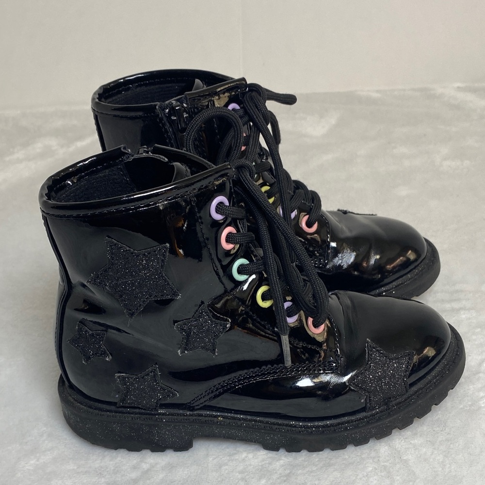 Jellypop Kids Black Patent Star Lace-Up Boots with Rainbow Eyelets Size 12